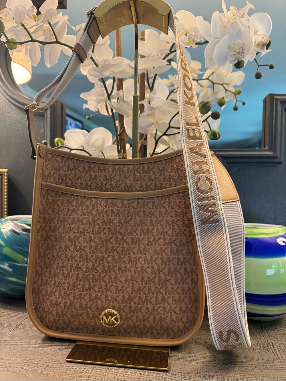 NWT Michael Kors Brown Signature Canvas Crossbody Bag w/Logo Strap - Org $298